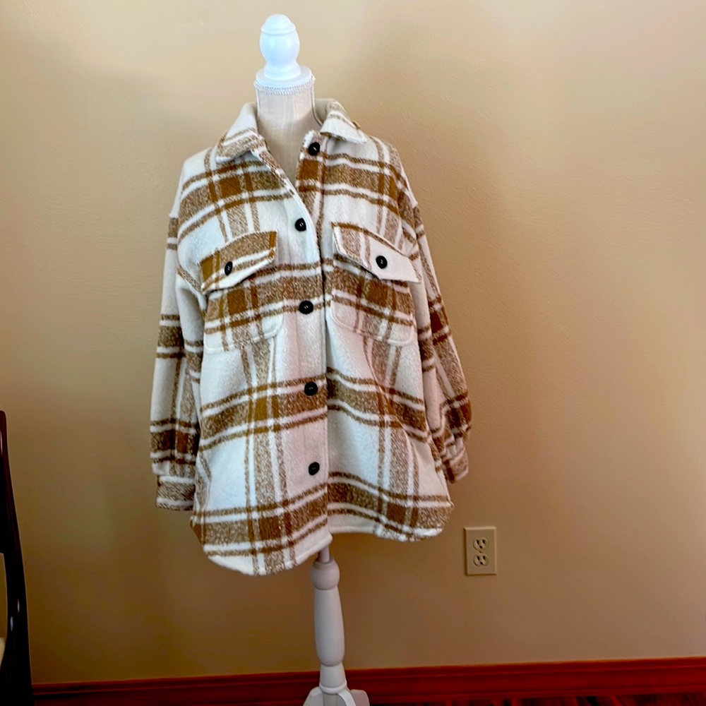 Cotton On Natural Check Oversized Shacket NWT Size Small